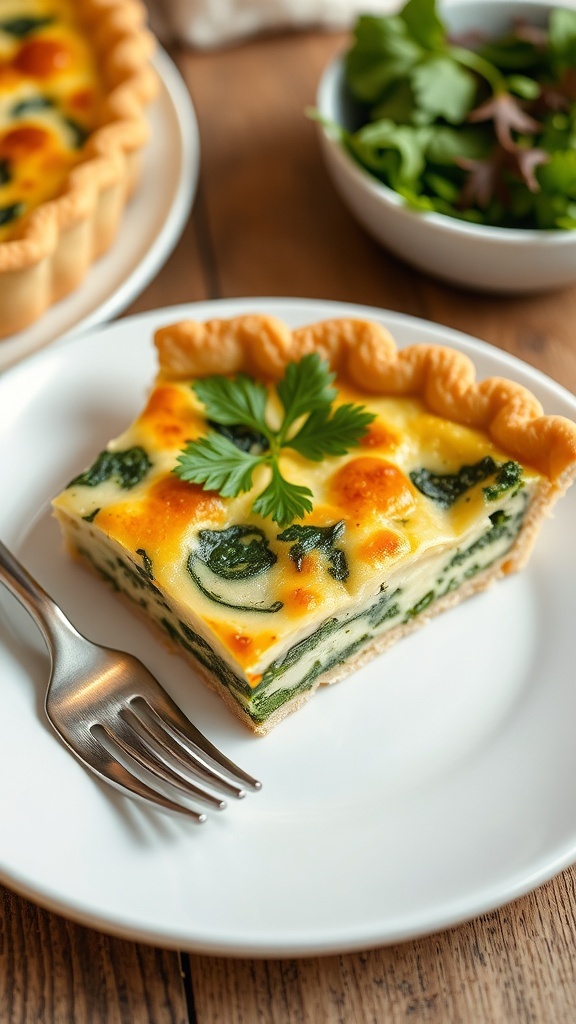 Mozzarella and Spinach Quiche Recipe A slice of mozzarella and spinach quiche on a plate with parsley garnish, served with a side of mixed greens.